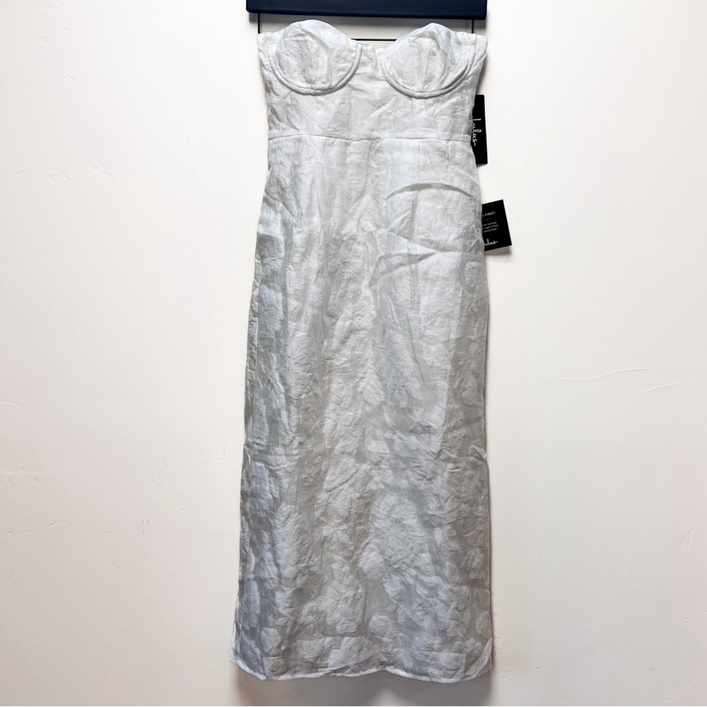 Lulus From this Day White Floral Jacquard Strapless Midi Dress Size Small - Picture 3 of 13